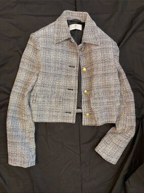 Babaton Black and White Tweed Cropped Jacket with Gold Buttons